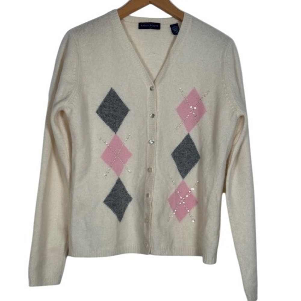 Karen‎ Scott Wool/Angora Cream Argyle Cardigan Sweater Beaded V Neck Lambs  M